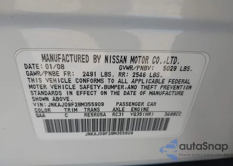 2008 Infiniti Ex35 Journey z USA, uszkodzony, nr VIN JNKAJ09F28M355909